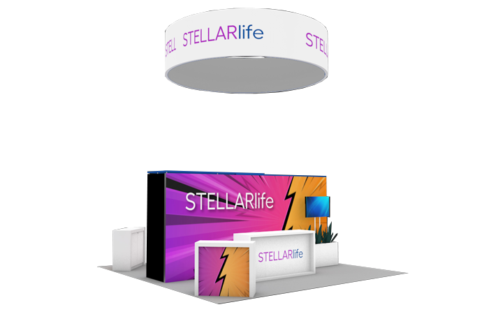 20' Akron Island Rental Exhibit w/ Counters, Canopy and Meeting Areas (RT88999)