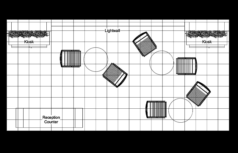 10'x 20' BackLit Extrusion Display w/ Dual Kiosks, Café Seating and Halo Lighting (ID0527)
