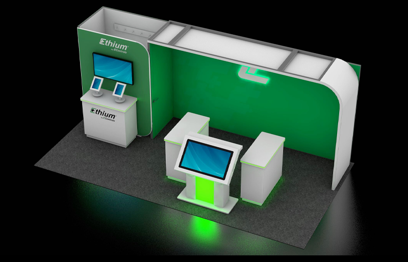 10' x 20' Custom Exhibit w/ Curved Canopy Structure, Walk-in Storage, and Counters (ID0538)