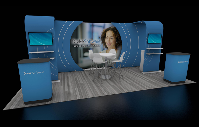 10' x 20' Portable Backlit Exhibit w/ Fabric Arches and Dual Monitor Kiosks (ID0545)