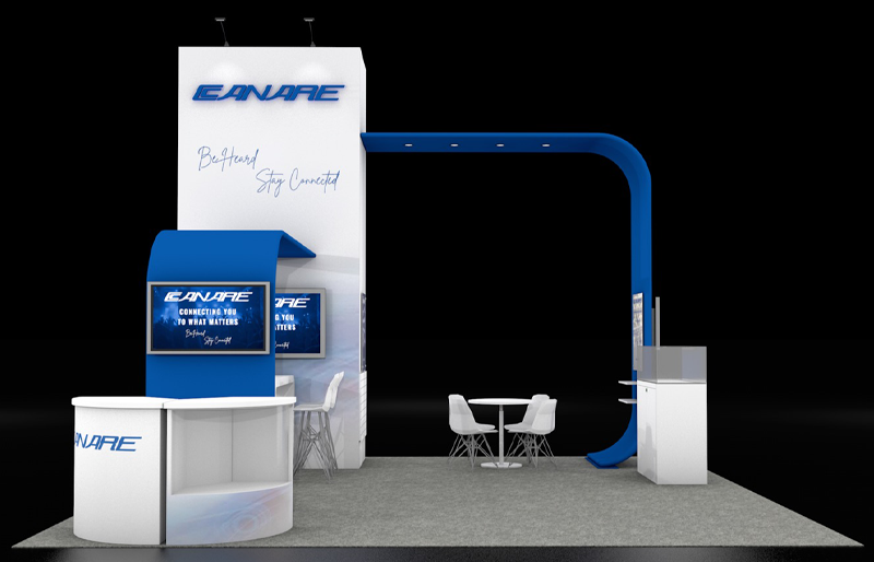 20' x 20' Modular DesignLine Exhibit w/ Curved Canopy Structures and Product Displays (ID0555)