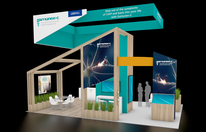 20' x 30' Island Exhibit w/ Wood Architectural Frames and Dual Hanging Signs (ID0579)