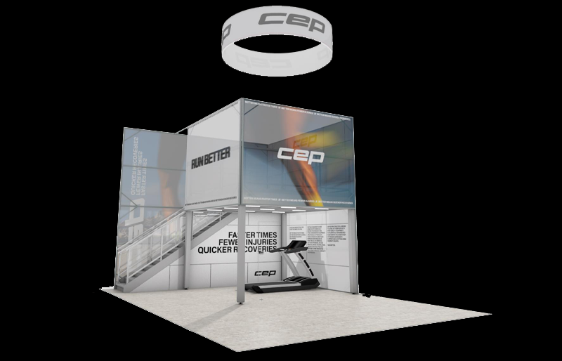 20' x 30' Double-Deck Island Exhibit with Hanging Sign (ID0581)