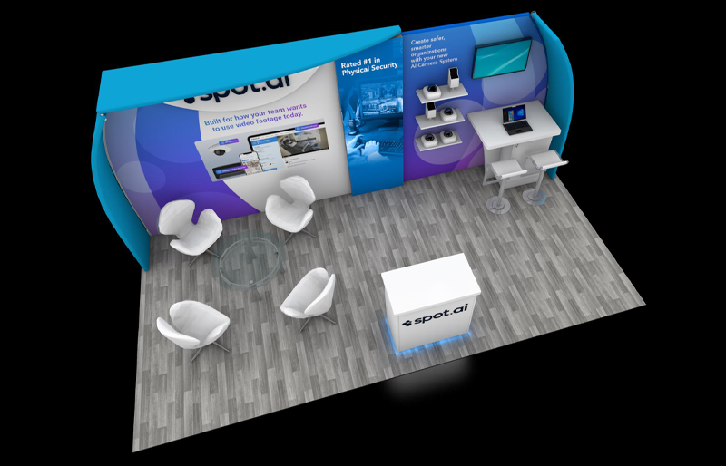 10' x 20' Scalable Custom Exhibit w/ Curved Canopy, Product Display, Lounge Area (ID0626)