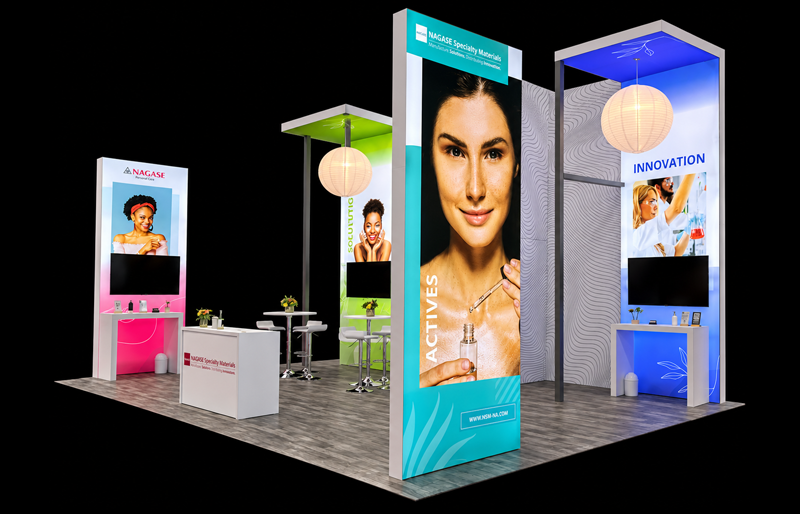 20' x 30' Island Exhibit with Backlit Towers and Café Seating (ID0631)